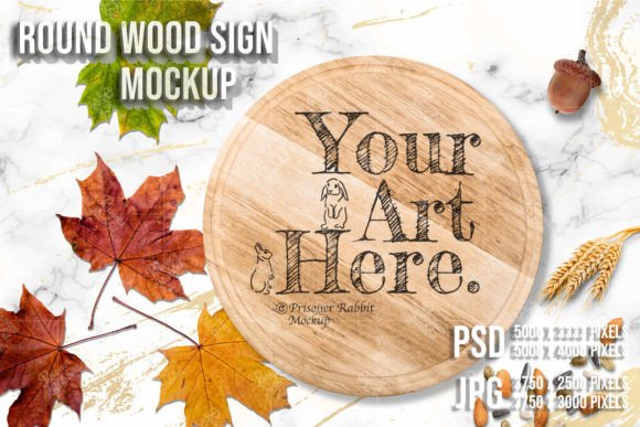 Round Wood Sign Mockup PSD JPG Template for Halloween Graphics