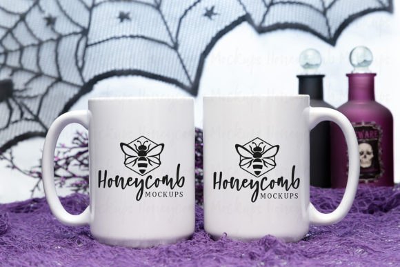 Two Halloween 15oz White Mugs Mockup