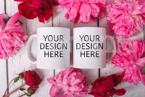 Two Mug Mockup with Flowers Graphics and Mugs Amp